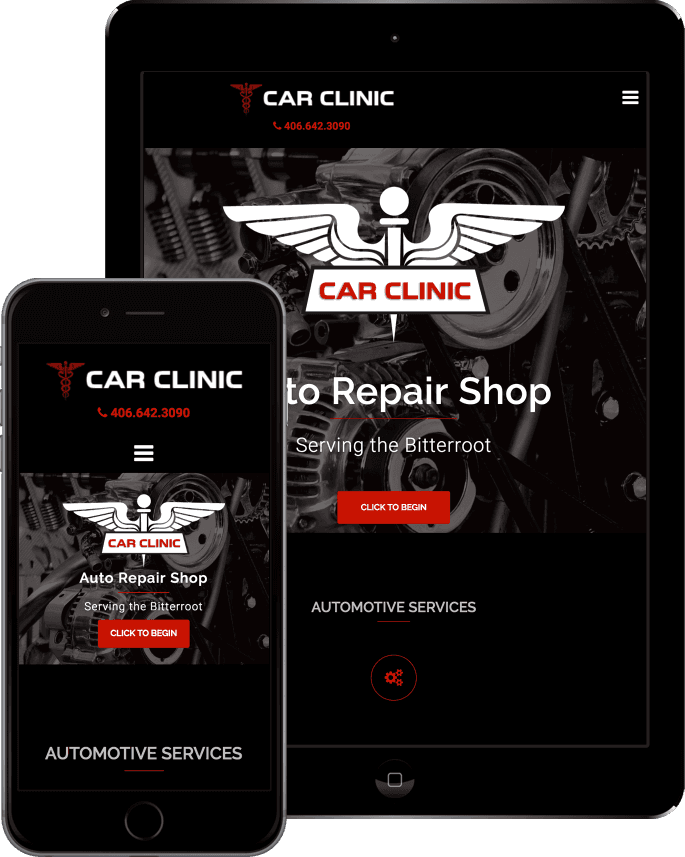 The Car Clinic website running responsively on an iPhone in front of an iPad