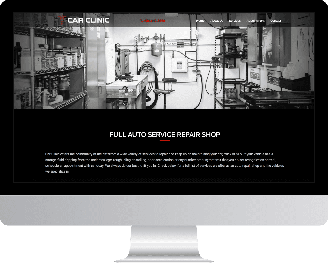 The Car Clinic services page on a desktop display