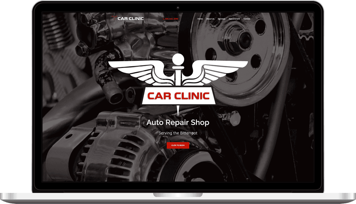 The Car Clinic homepage on a laptop, the winged logo centred over an engine photograph