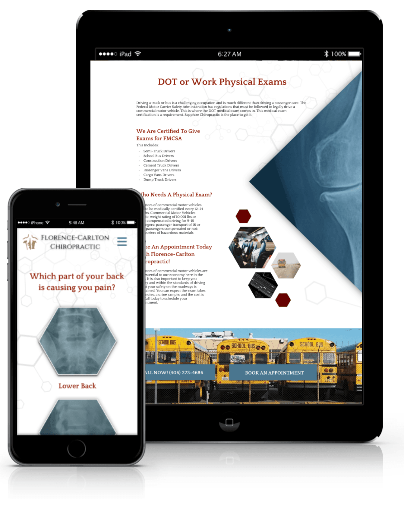 Florence-Carlton Chiropractic responsive website on iPhone and iPad