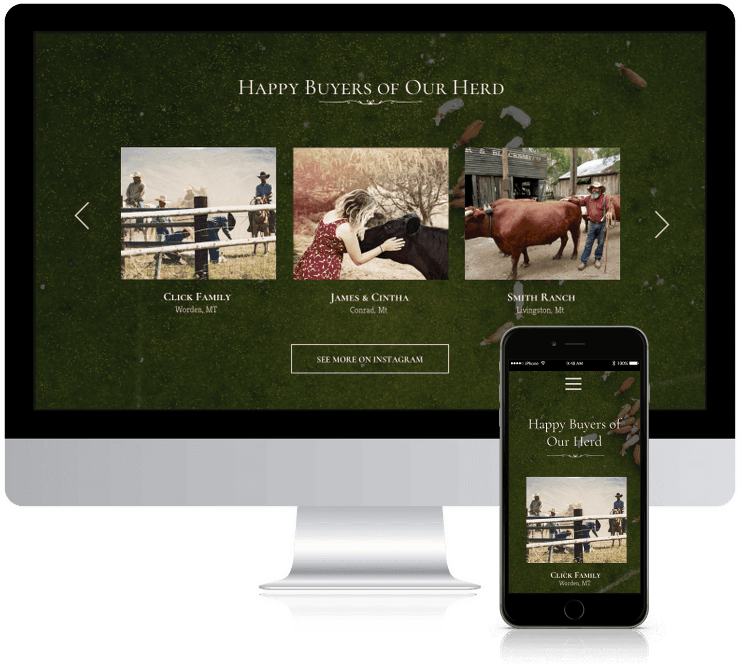 The finished site on a desktop display and an iPhone, showing the Happy Buyers of Our Herd gallery