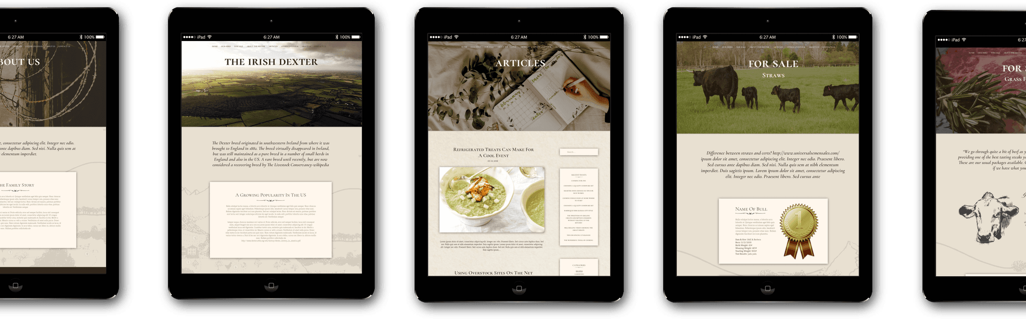 Five tablets showing the Willow Creek Dexters site: about, the Irish Dexter, the blog, and two cattle-for-sale pages