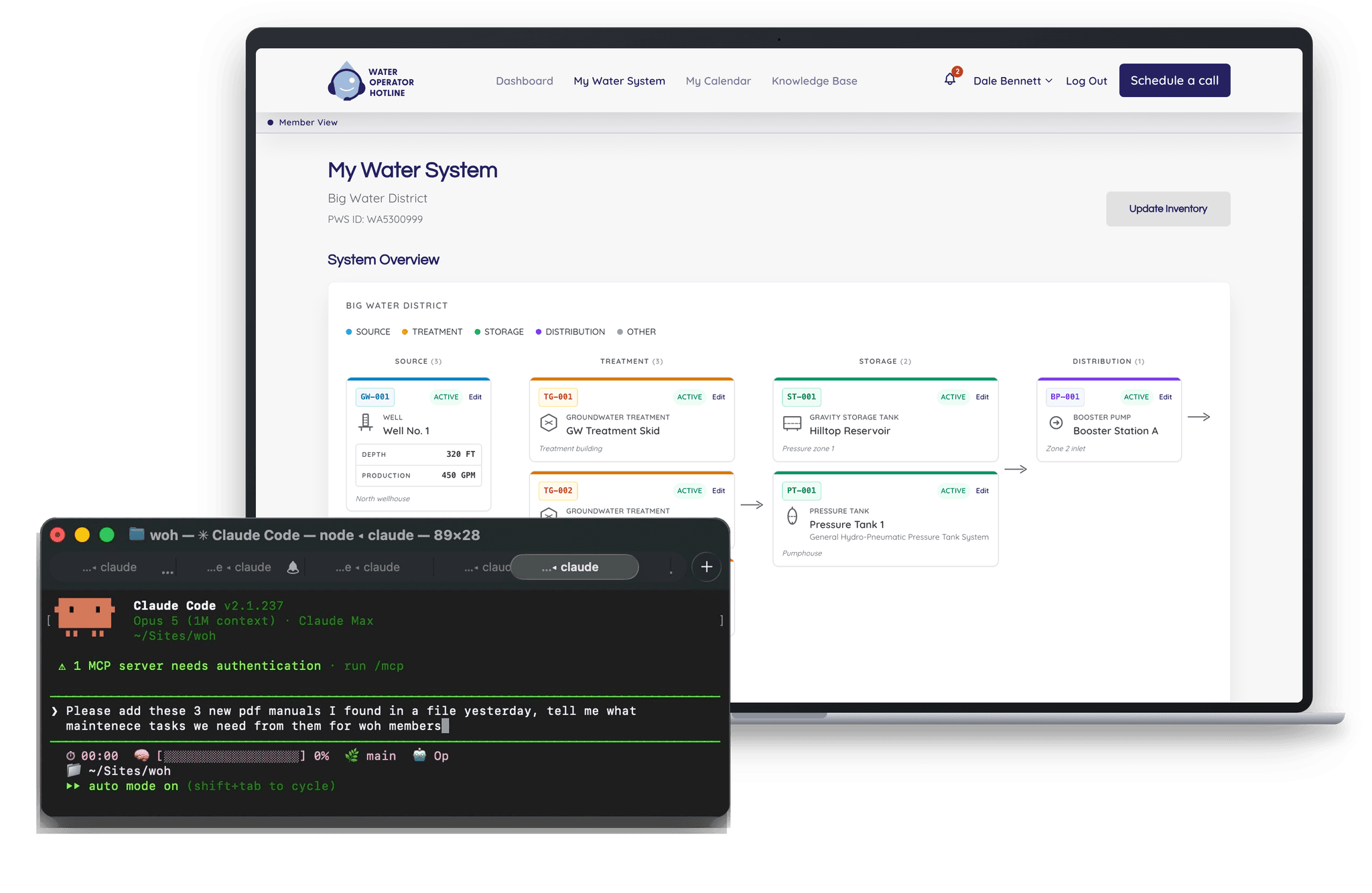 The member's own water system on a laptop, with a terminal window in front of it running the repository coding assistant: a request typed in plain English asks for three new PDF manuals to be added and for the maintenance tasks they mean for members to be worked out