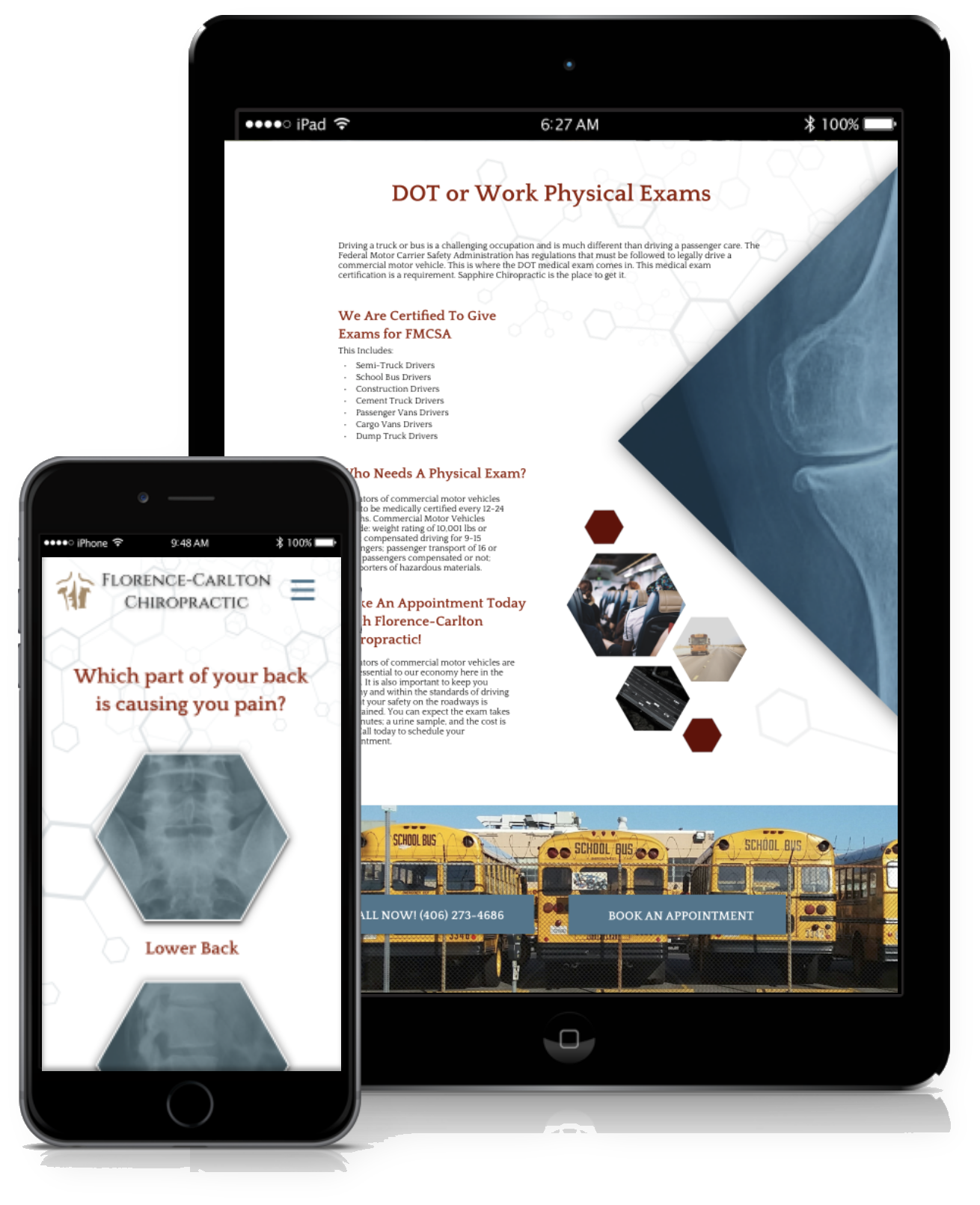 Florence-Carlton Chiropractic responsive website on iPhone and iPad